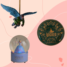 Wicked flying monkey, trinket dish and snow globe on a pink background