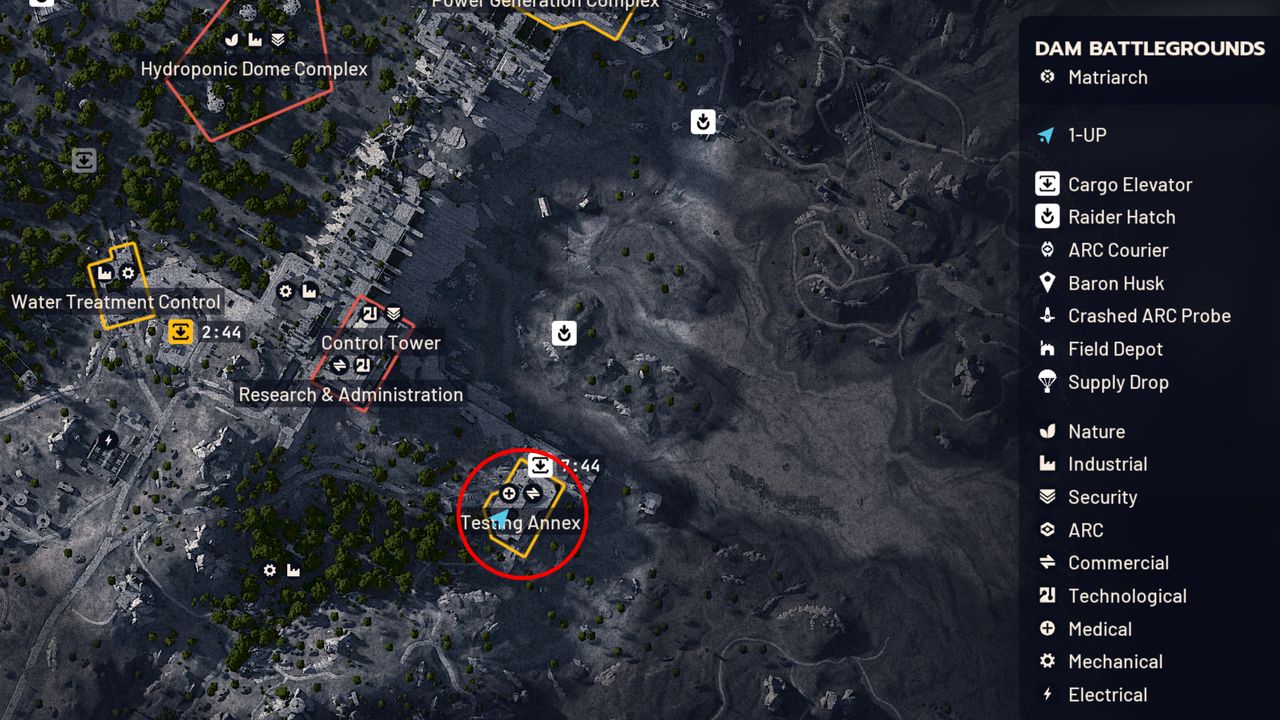 Arc Raiders Expired Respirators: A map of Dam Battlegrounds with a red circle highlighting the Testing Annex location.