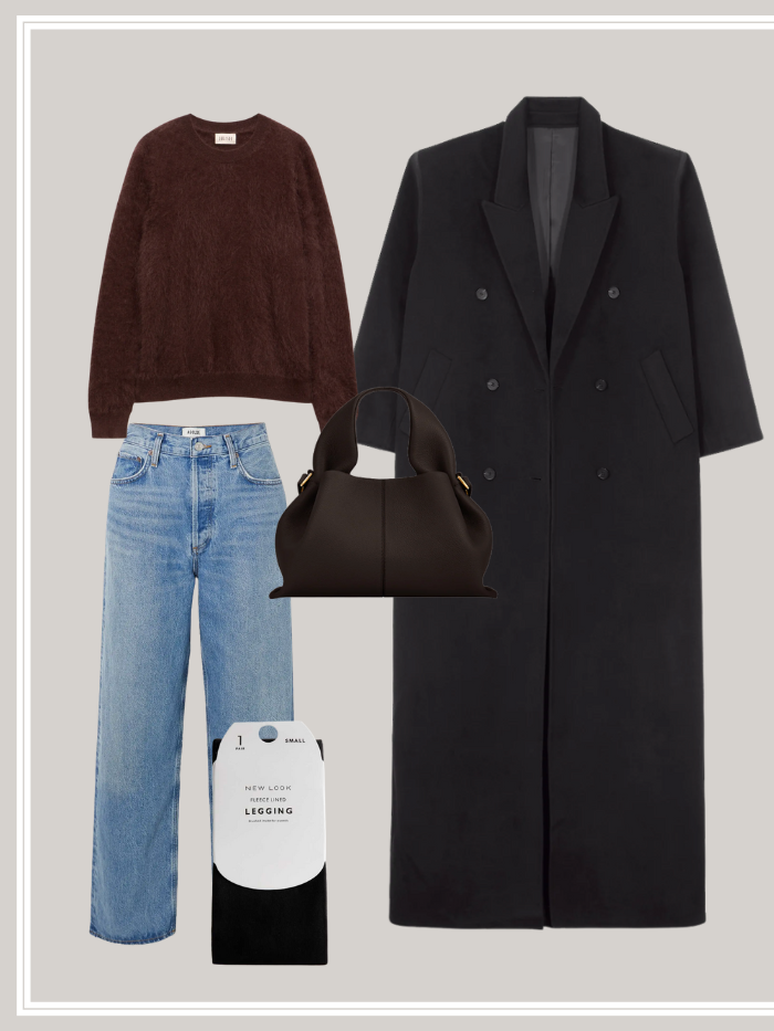 A fleeced lined legging outfit build. It has a black maxi coat, brushed brown jumper, blue jeans, black fleece lined leggings and a dark brown bag.