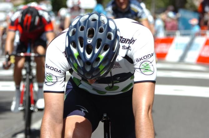 KOM leader Javier Moreno (Movistar) at the finish in Stirling