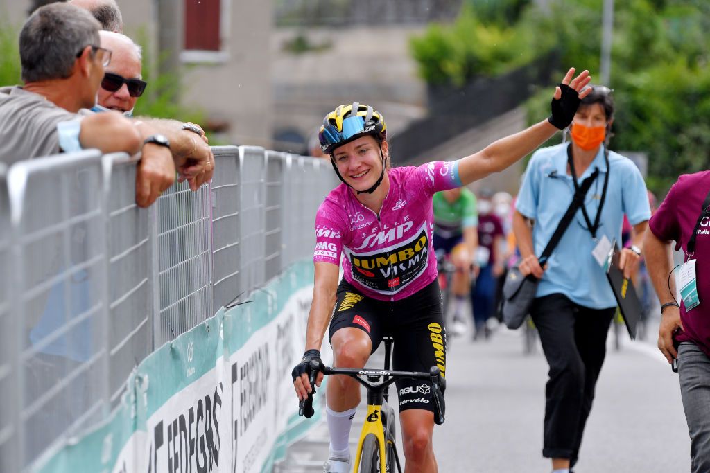 PUEGNAGO DEL GARDA ITALY JULY 08 Marianne Vos of Netherlands and Jumbo Visma Team stage winner celebrates at arrival during the 32nd Giro dItalia Internazionale Femminile 2021 Stage 7 a 1096km stage from Soprazocco di Gavardo to Puegnago Del Garda 219m GiroDonne UCIWWT on July 08 2021 in Puegnago del Garda Italy Photo by Luc ClaessenGetty Images