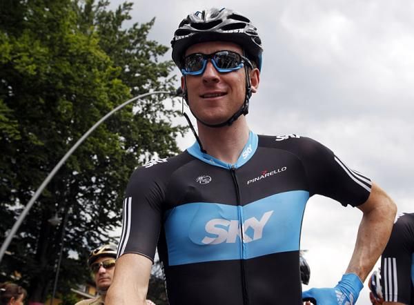 Bradley Wiggins (Sky) awaits the start of stage 18.