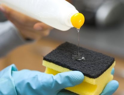 pouring cleaning fluid on to a sponge scourer