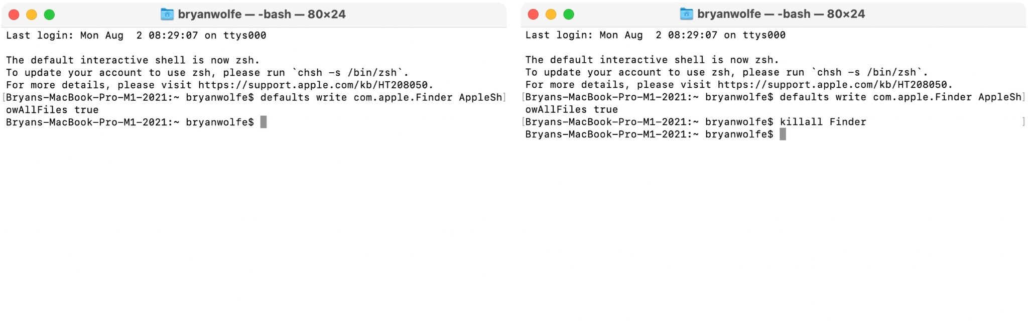 To find hidden files with Terminal, Type the following command into **Terminal** and then hit the Enter key: `defaults write com.apple.Finder AppleShowAllFiles true`, then type the following command into **Terminal** and then hit the Enter key: `killall Finder`