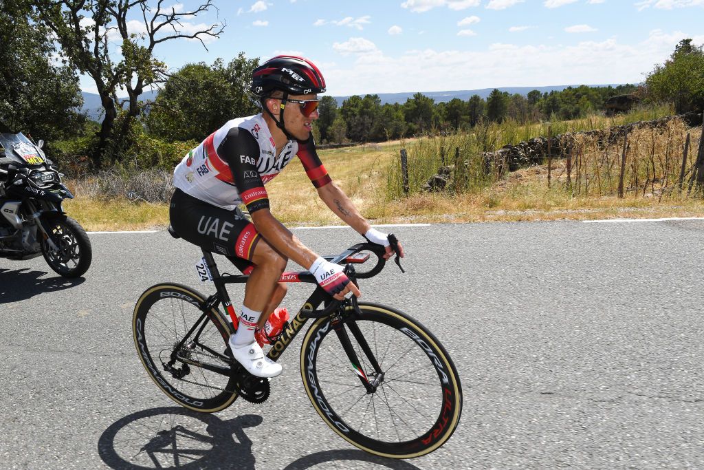 EL BARRACO SPAIN AUGUST 29 Rafal Majka of Poland and UAE Team Emirates attacks in breakaway during the 76th Tour of Spain 2021 Stage 15 a 1975km km stage from Navalmoral de la Mata to El Barraco lavuelta LaVuelta21 on August 29 2021 in El Barraco Spain Photo by Tim de WaeleGetty Images