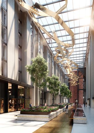 render of communal space inside renovated turbine hall at Powerhouse, Chelsea Waterfront