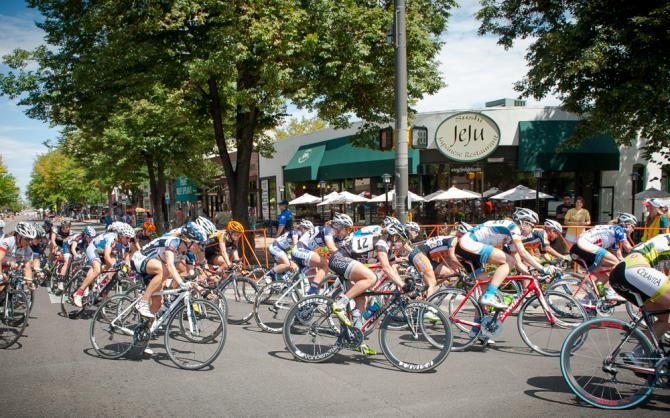 Racers as they round the second corner through Old Town Fort Collins.