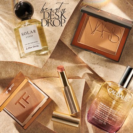 & Other Stories Solar Perfume, Nars bronzer, Tom Ford highlighter, Vieve Satin Lipstick, Caudalie boy oil