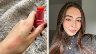 On the left, a close up of Digital Beauty Writer, Sennen Prickett's hand with a swatch of the Milk Jelly Tint in Fizz and on the right, a picture of Sennen wearing the blush tint on her cheeks.