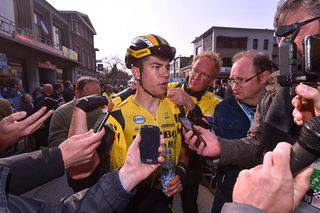 Reporters surround Wout Van Aert (Jumbo-Visma) after Gent-Wevelgem