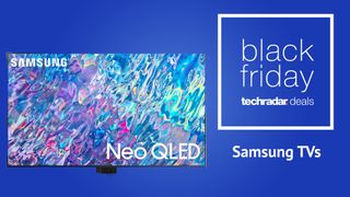 Samsung QN85B TV on blue background