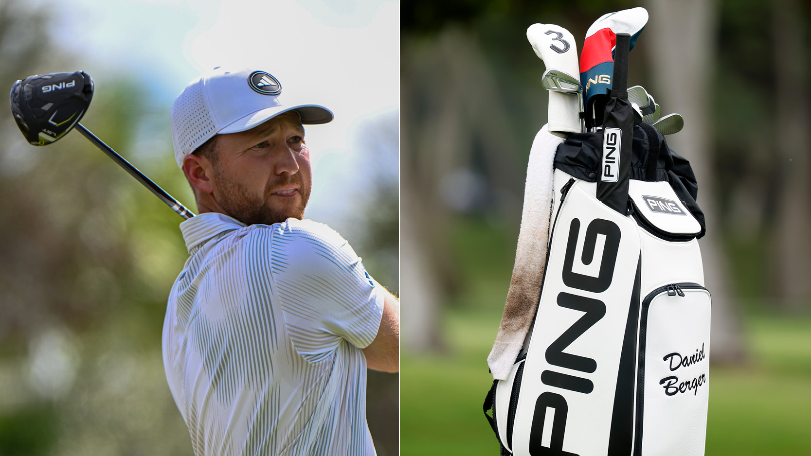 Daniel Berger hits a tee shot with a driver, with a golf bag with his name on it next to him