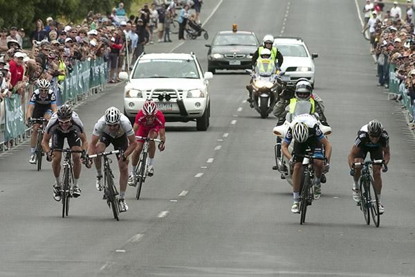 The sprint for the minor placing with Matt Goss (third from left) grabbing second and Simon Gerrans (far right) coming home in third place.
