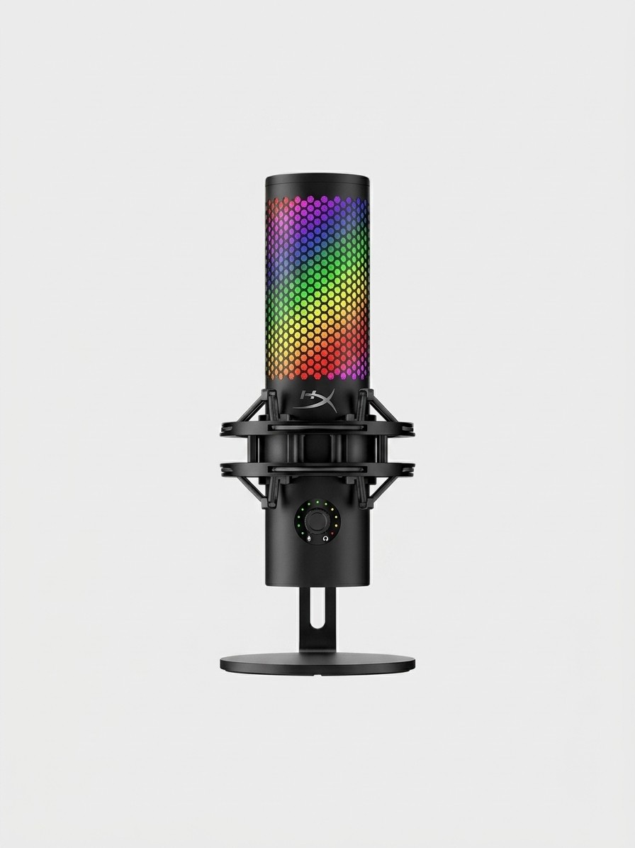 A HyperX Quadcast 2 S gaming microphone, lit up in RGB colours