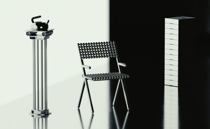 A black and white image showing various shiny metal chairs, stools and cabinets, as well as smaller objects such as a kettle