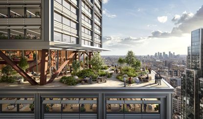 renders of various views of One London, one of London's tallest buildings, a glistening tower in the City