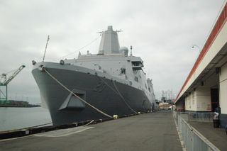 The recovery tests for Orion were conducted from the USS Anchorage, seen here in port in San Pedro, Los Angeles. The USS Anchorage is a U.S. Navy amphibious transport ship that first sailed in 2013.