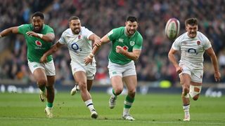 Bundee Aki and Robbie Henshaw battle with Ollie Lawrence and George Furbank of England during the Guinness Six Nations 2024
