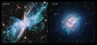 The Hubble Space Telescope studied two dramatic planetary nebulas, the Butterfly Nebula and a second that resembles a jewel-bug.