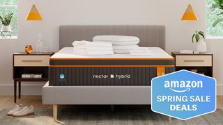 The Nectar Premier Copper Hybrid Mattress on a bed frame in a bedroom, a Tom's GUide Amazon Spring Sale deals graphic (right)