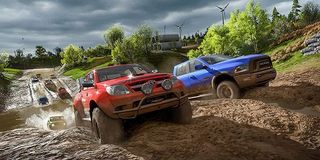 Vehicles racing in Forza Horizon 4.