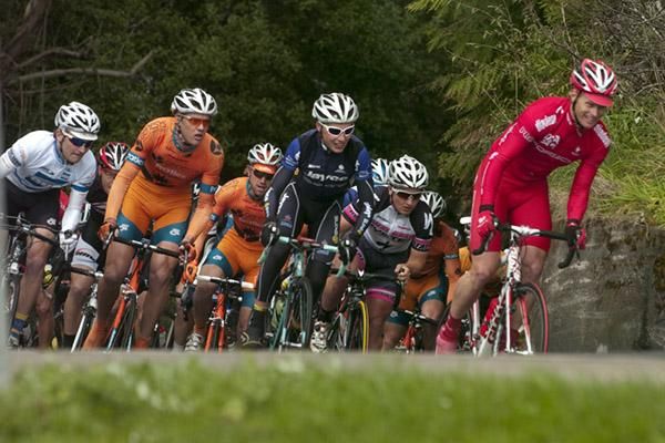 Riders at the top of the climb out of the main street in Strahan.
