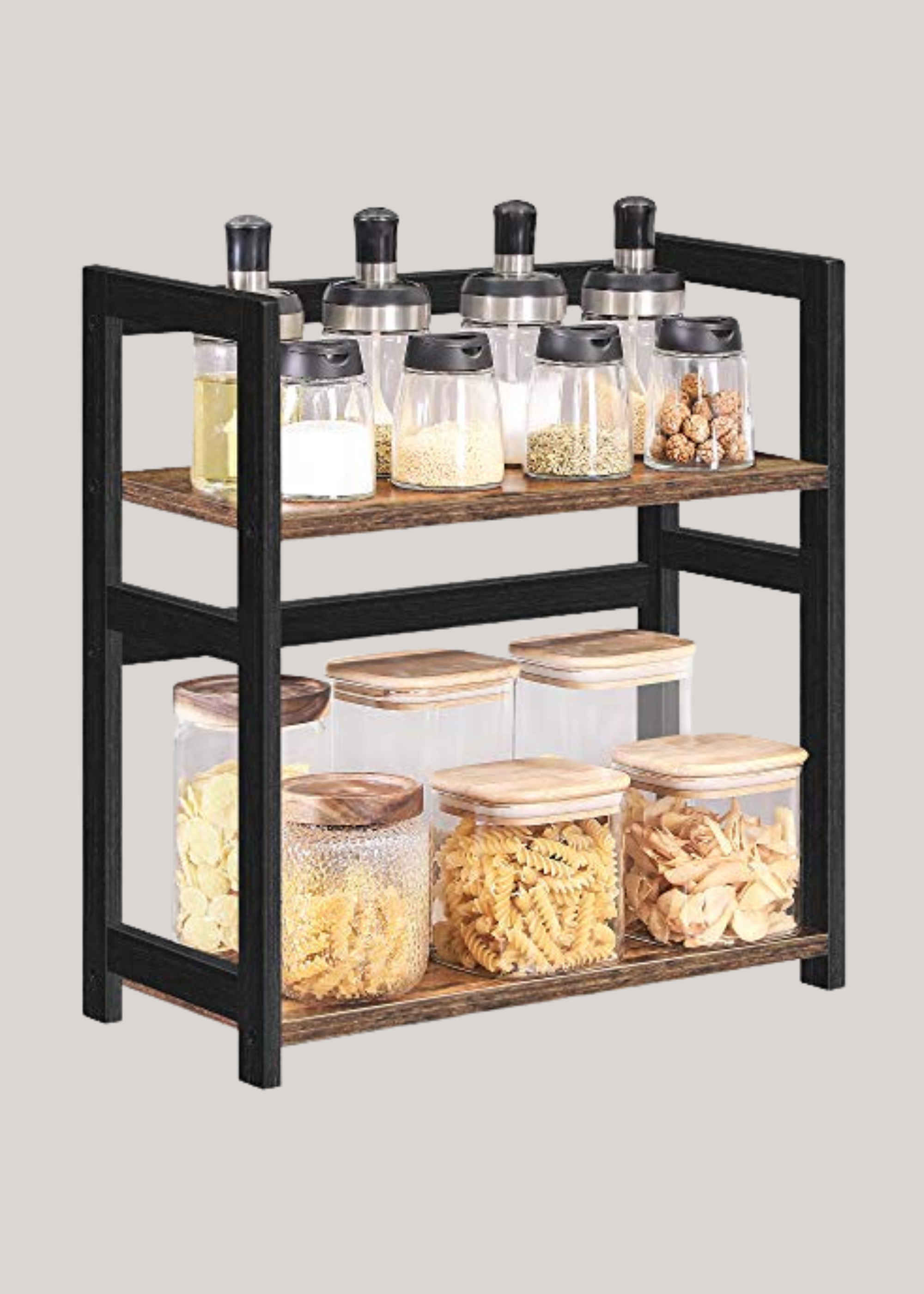 SONGMICS, Songmics Spice Rack Ofs046b01, 2 Tier Storage Rack, Desktop Organiser, Bamboo Frame, for Kitchens, Dining Rooms, Offices, Rustic Brown and Black