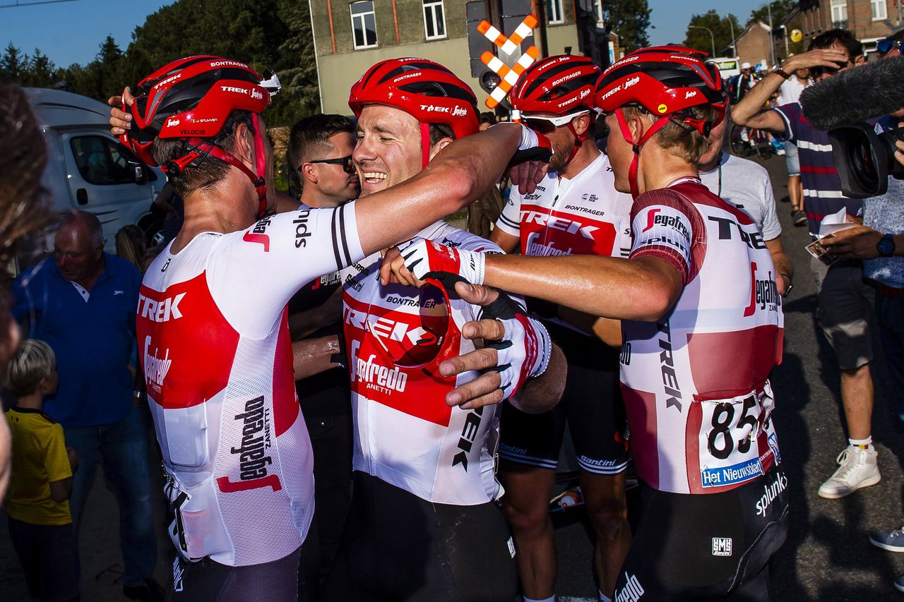 Edward Theuns (Trek-Segafredo) celebrates with his teammates