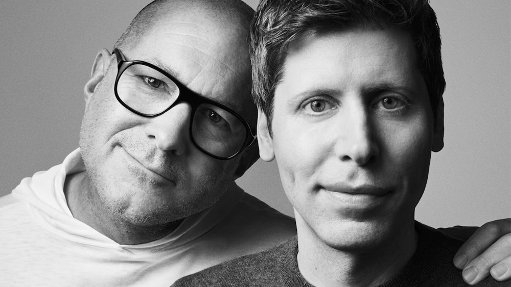 Jony Ive from IO and OpenAI CEO Sam Altman in a black and white photo