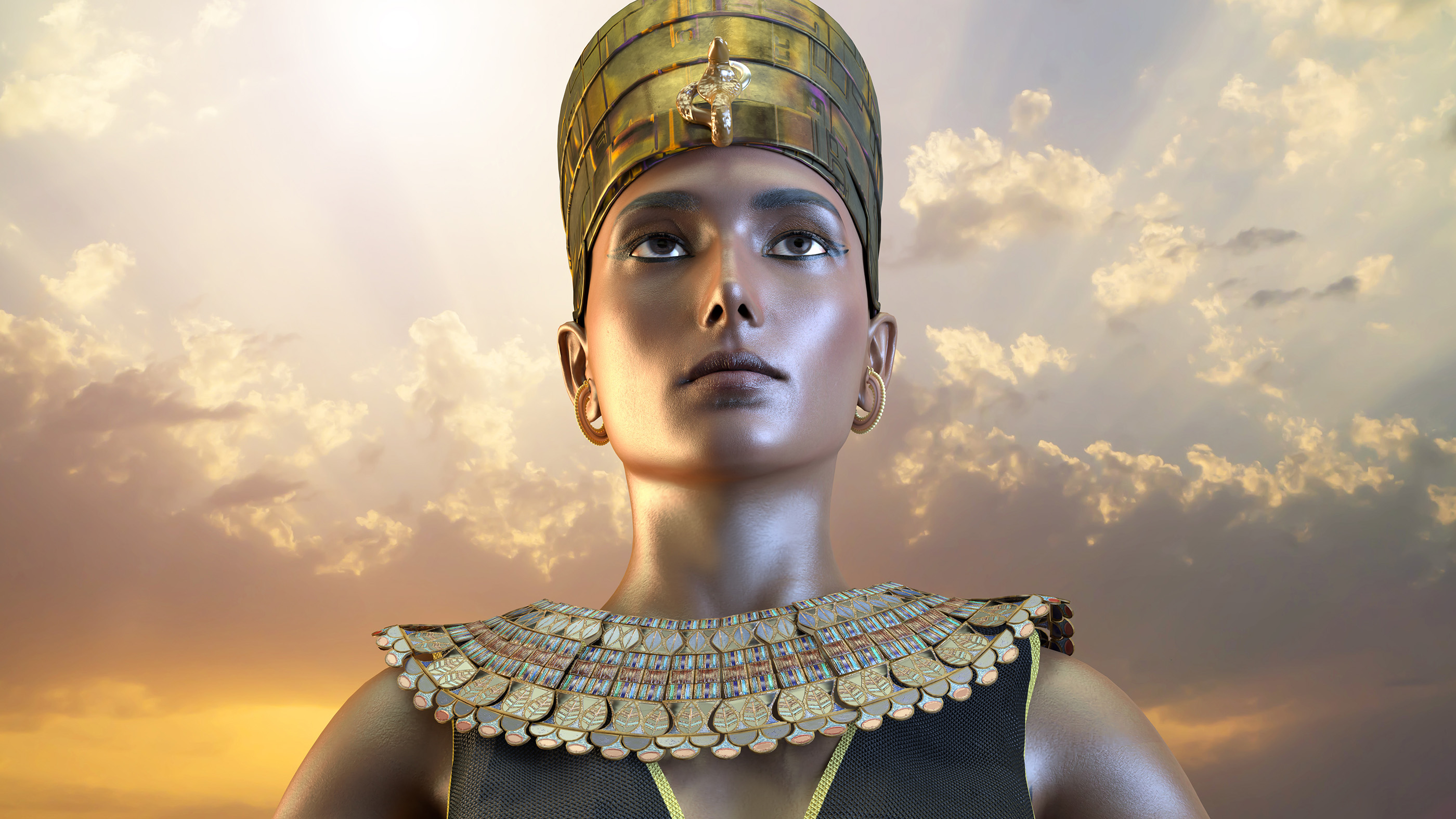 Here, a 3D rendering of Cleopatra, the last pharaoh of ancient Egypt.