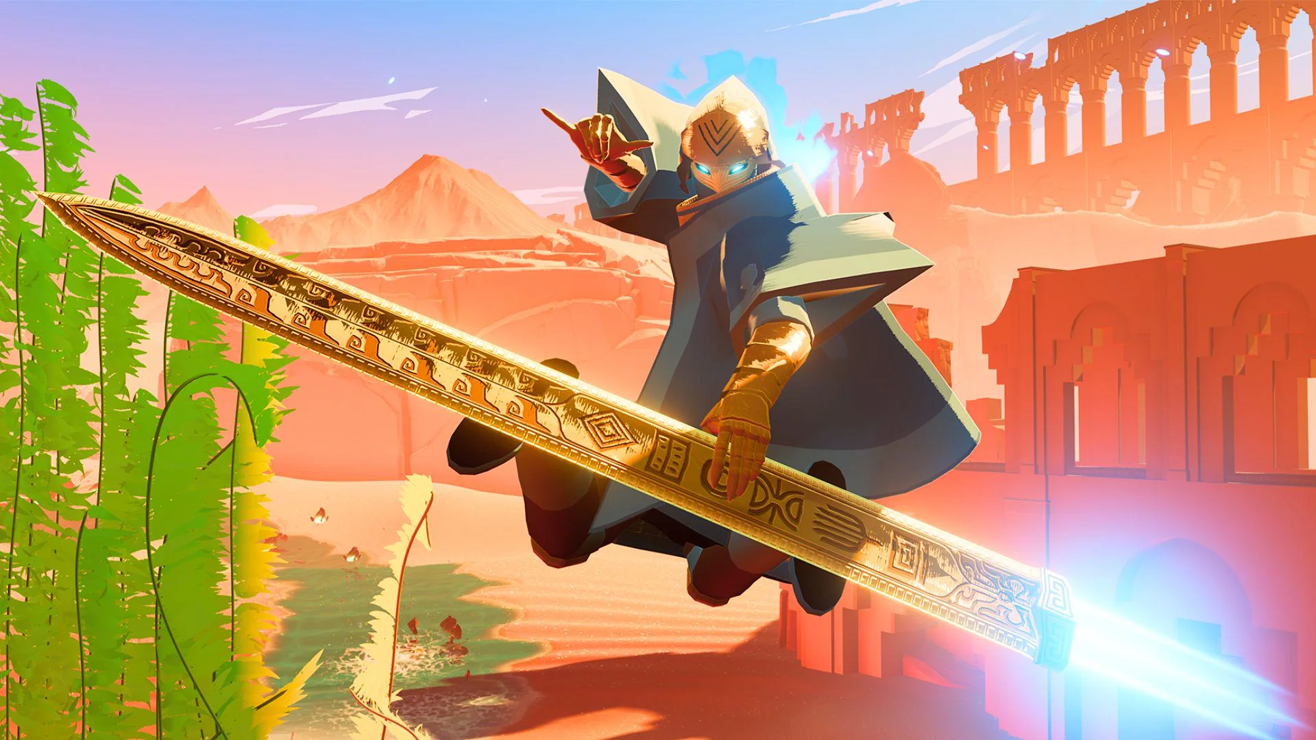 A hooded warrior with glowing eyes wields a large, ornate sword emitting blue light, leaping through a vibrant desert landscape with ancient ruins.