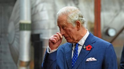 Prince Charles, Prince of Wales gestures during a visit to view CycloneCC technology at Carbon Clean, Doosan Babcock on the side-lines of the COP26 UN Climate Change Conference on November 5, 2021 in Renfrew, United Kingdom.