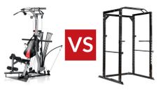 multi-gym vs power rack: Pictured here, a multi gym on the left and a power rack on the right
