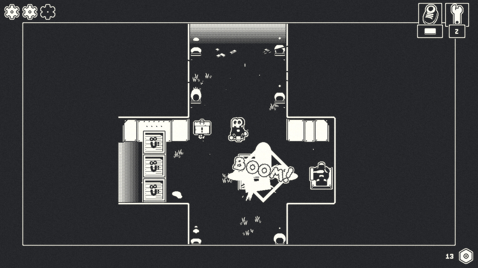In Metroidvania indie adventure, Lelu, a clockwork toy protagonist encounters an explosion in a monochromatic setting, which is shown by the word "Boom!"