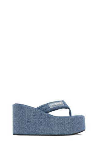 Coperni blue Logo-Appliquéd Denim Wedge Flip Flops on white background