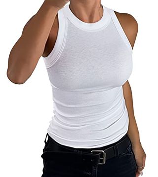 Gembera Womens Sleeveless Racerback High Neck Casual Basic Cotton Ribbed Fitted Tank Top White M