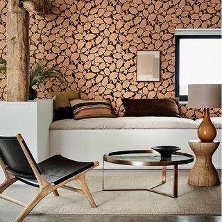 living room with leafy wallpaper