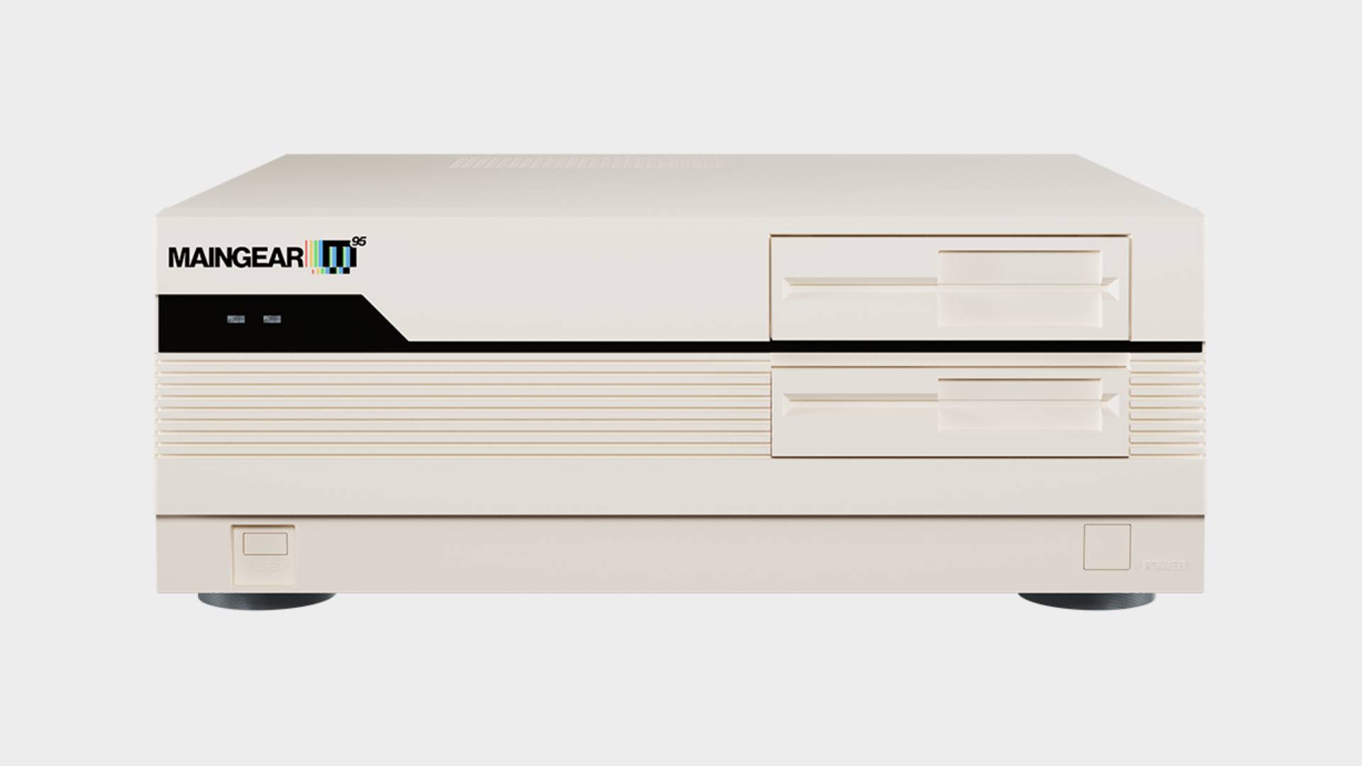 Front view of Maingear Retro95 PC with grey backdrop.