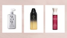 Collage of three of the best hair products for humidity featured in this guide from (left to right) Color Wow, Oribe and Virtue, in white vertical boxes set against a dusky pink watercolour-style background