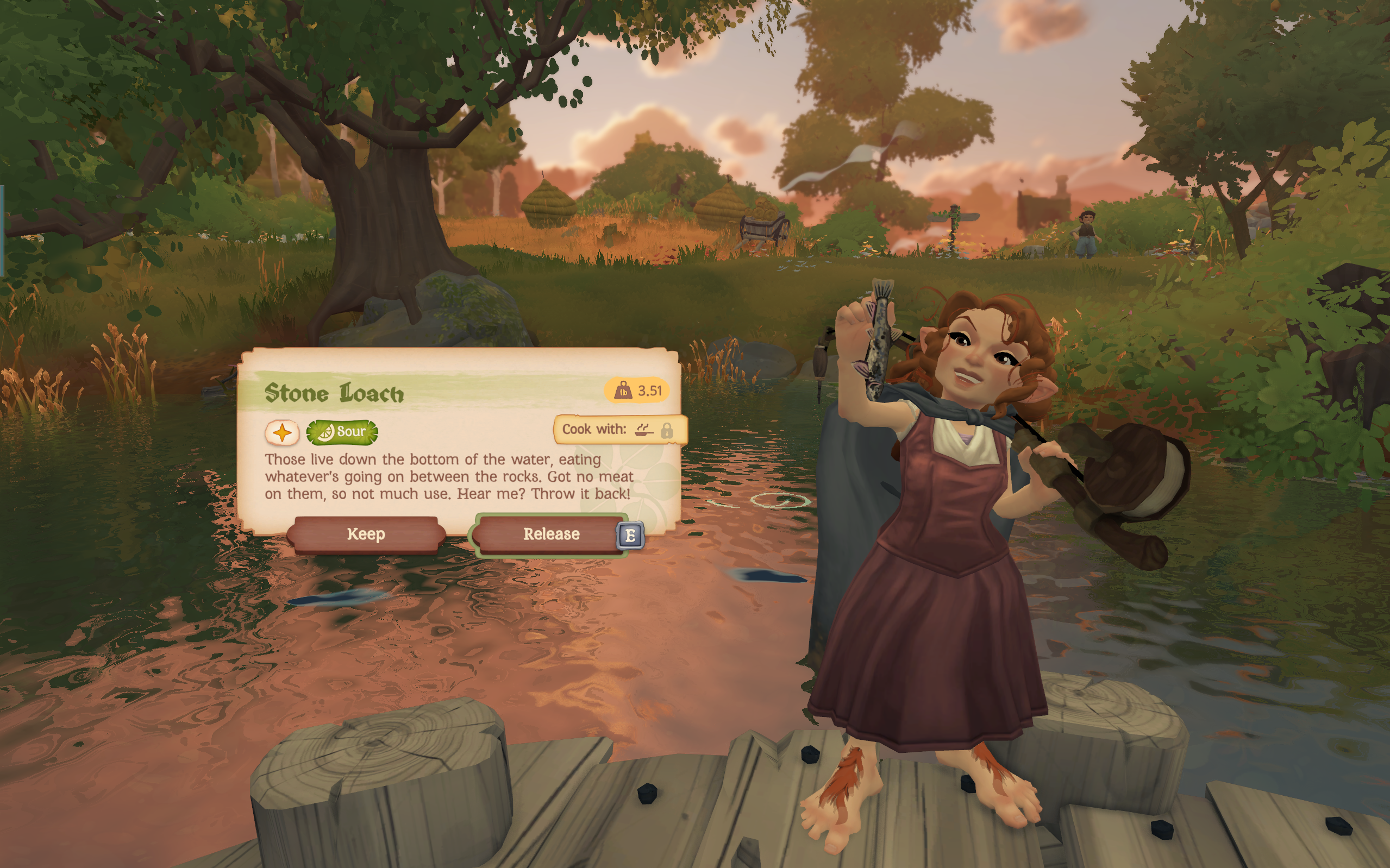 In-game screenshot of catching a fish in Tales of the Shire