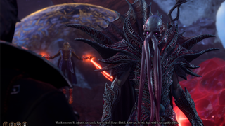 A mind flayer talking to the player in Baldur's Gate 3.