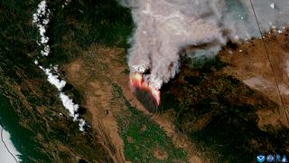 a satellite's view of earth shows a massive fire emitting dense plumes of smoke from a forested area