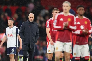 MANCHESTER, ENGLAND - SEPTEMBER 29: Erik ten Hag Manager / Head Coach of Manchester United as his team acknowledge the fans after the Premier League match between Manchester United FC and Tottenham Hotspur FC at Old Trafford on September 29, 2024 in Manchester, England. (Photo by Catherine Ivill - AMA/Getty Images)