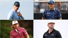 (top left) Justin Rose holds up his ball, (top right) Patrick Reed looks on, (bottom left) Cameron Smith hits an iron shot and (bottom right) Harry Hall looks on