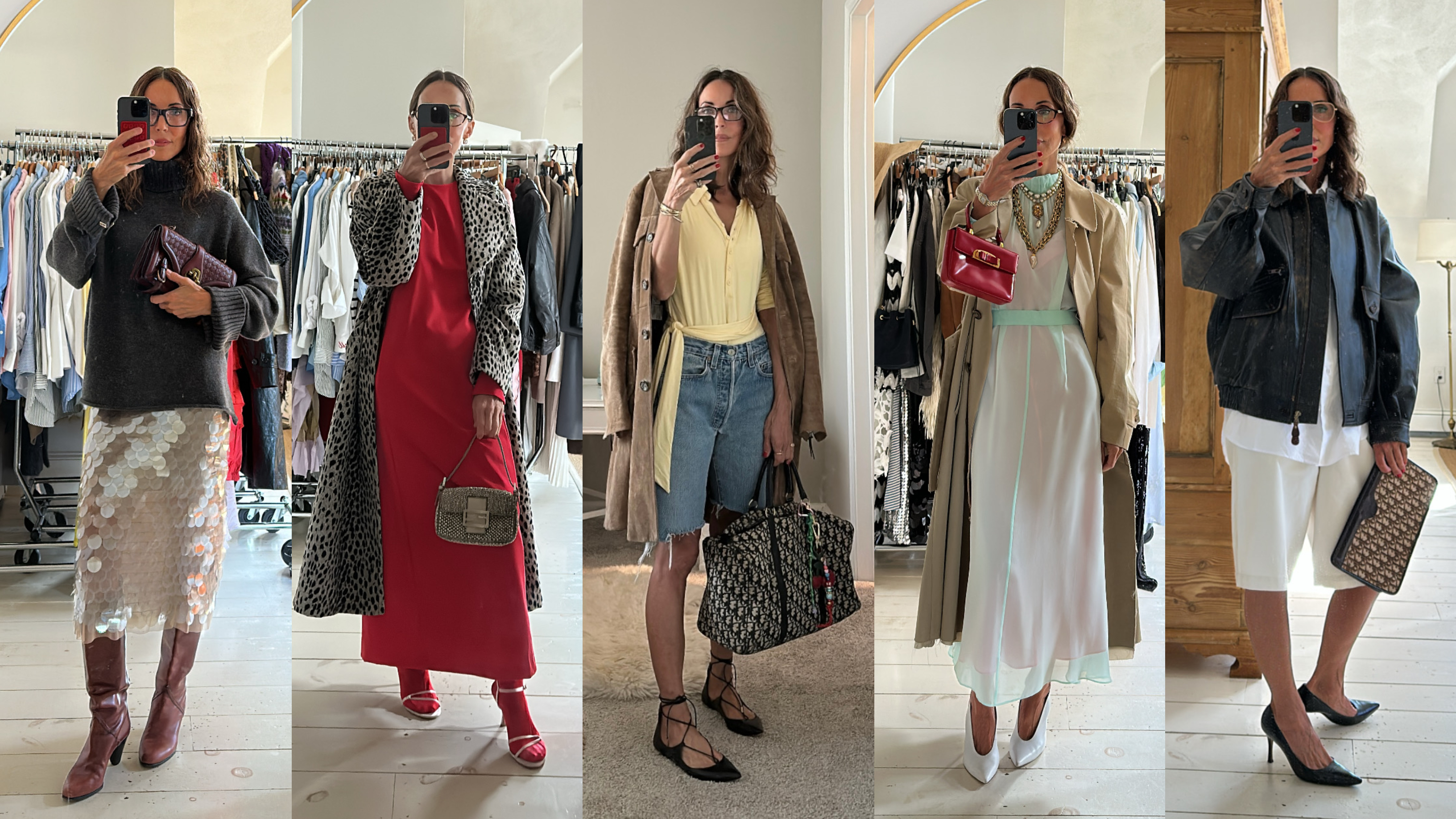 a collage of Larissa Mills mirror selfies carrying vintage designer bags
