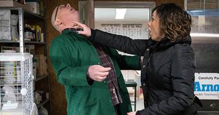 Chas Dingle’s attempts to kiss Paddy Kirk don’t go to plan when a gerbil escapes and Chas accidentally hits Paddy, giving him a bleeding lip in Emmerdale. Paddy