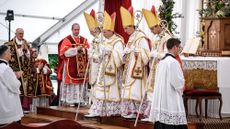 Society of St. Pius X bishops Pascal Schreiber, Michael Goldade, Michel Poinsinet de Sivry and Marc Hanappier during their schismatic consecration in Switzerland