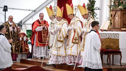 Society of St. Pius X bishops Pascal Schreiber, Michael Goldade, Michel Poinsinet de Sivry and Marc Hanappier during their schismatic consecration in Switzerland