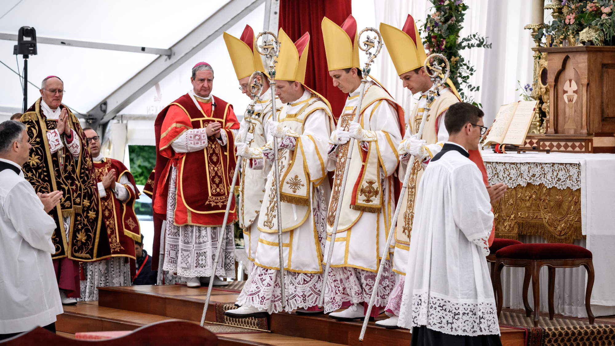 Society of St. Pius X bishops Pascal Schreiber, Michael Goldade, Michel Poinsinet de Sivry and Marc Hanappier during their schismatic consecration in Switzerland