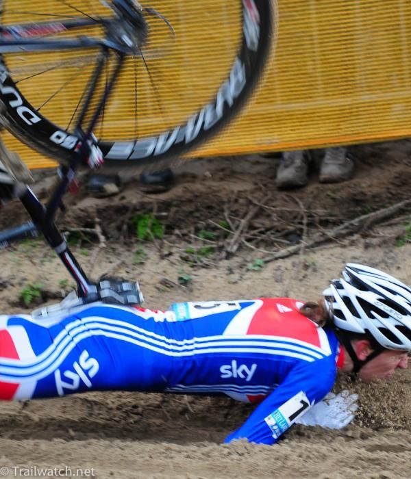 Helen Wyman (UK) has a bit of a tough landing